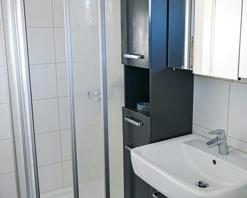 Dusche im Badezimmer vom Appartement für 2 Personen in der Hafenresidenz Alter Speicher in Lauterbach auf Rügen